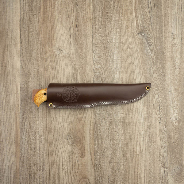 Helle Steinbit - Fishing Knife - Curly Birch Wood Handle - Norway Made +  Sheath